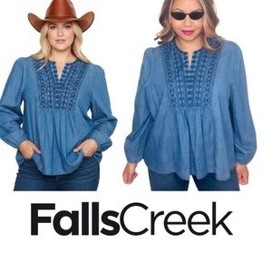 FALLS CREEK 3X Denim Blue Embroidered Boho Western Long Sleeve Plus Peasant Top